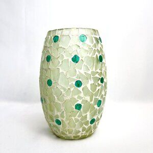 Mosaic Glass Vase Vintage White & Teal Accents Handmade Art Deco Boho Home Decor